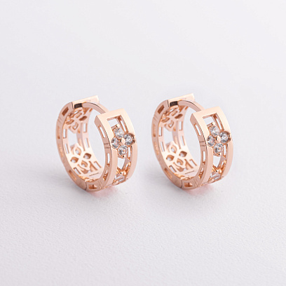 Серьги - кольца "Клевер" в красном золоте (фианиты) с09540 №2