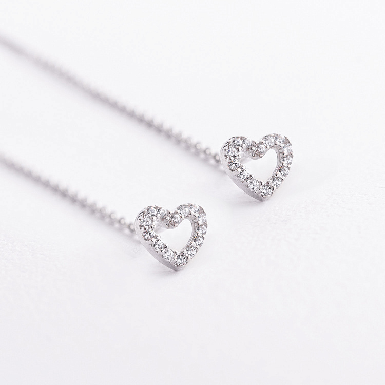 Срібні сережки - протяжки "Сердечки" з фіанітами 902-01587 від ювелірного магазину Онікс - 1