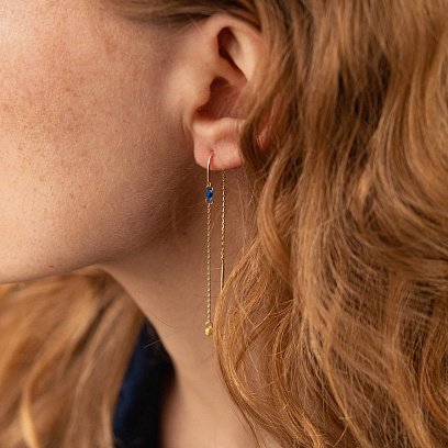 Золотые серьги - протяжки "Украинка" (голубые и желтые фианиты) с08103 №2