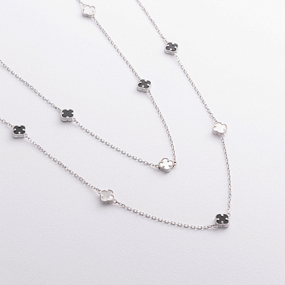 Серебряное колье "Клевер" (оникс, перламутр) 181351