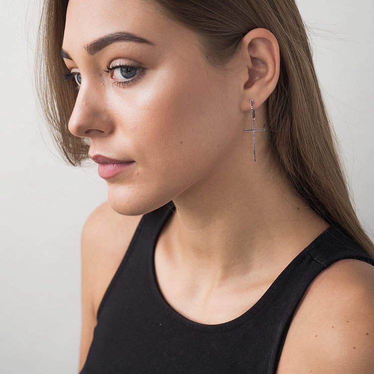 Золоті сережки "Хрести" з чорними діамантами сб0202ch від ювелірного магазину Онікс - 4