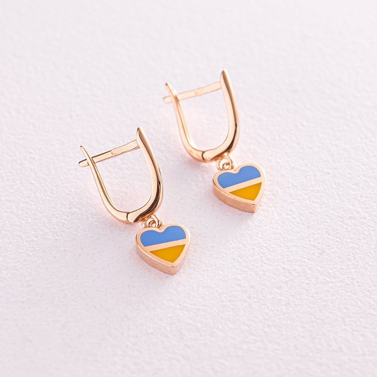 Сережки "З Україною в серці" у червоному золоті (блакитна та жовта емаль) с08098 від ювелірного магазину Онікс