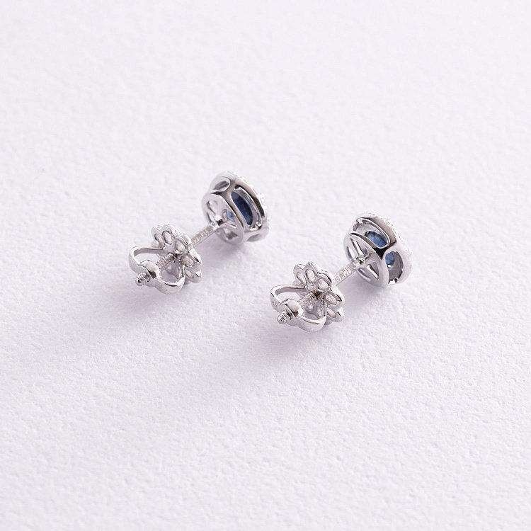 Золотые серьги - пусеты "Мира" с сапфирами и бриллиантами 23157 от ювелирного магазина Оникс - 3