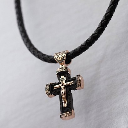 Золотой крест "Распятие. Спаси и Сохрани" (на укр. языке) с эбеновым деревом mini 1075ч №4