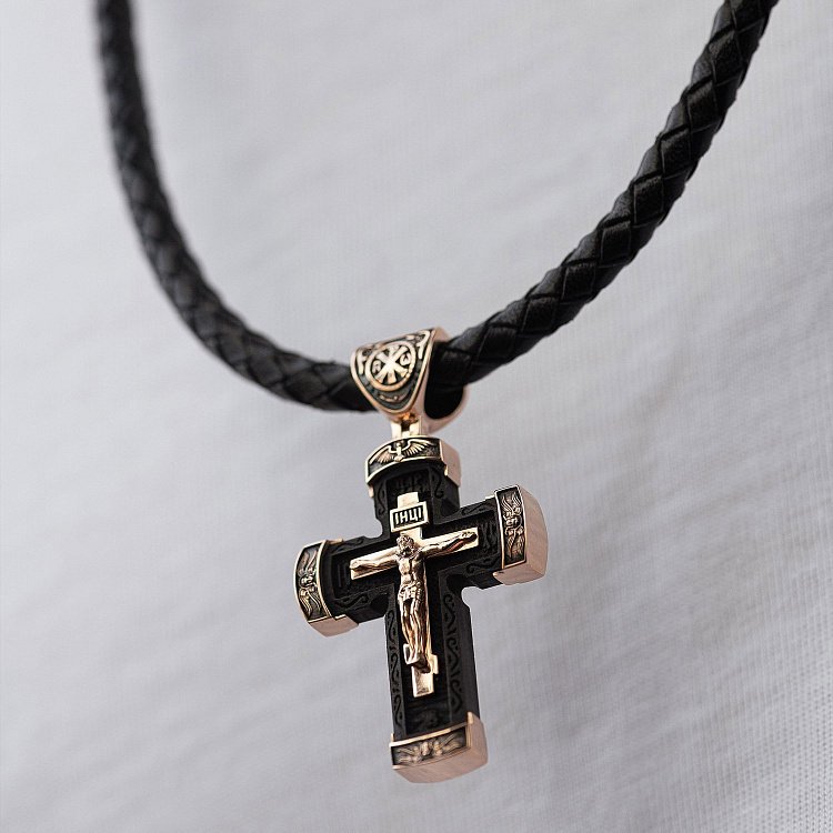 Золотой крест "Распятие. Спаси и Сохрани" (на укр. языке) с эбеновым деревом mini 1075ч от ювелирного магазина Оникс - 3