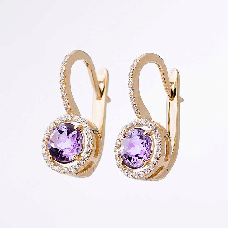 Золотые серьги с аметистом и фианитами 14048682 от ювелирного магазина Оникс - 1
