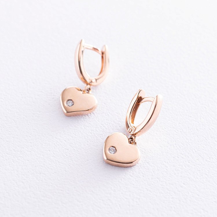 Серьги "Сердечки" с фианитами (красное золото) с07007 от ювелирного магазина Оникс