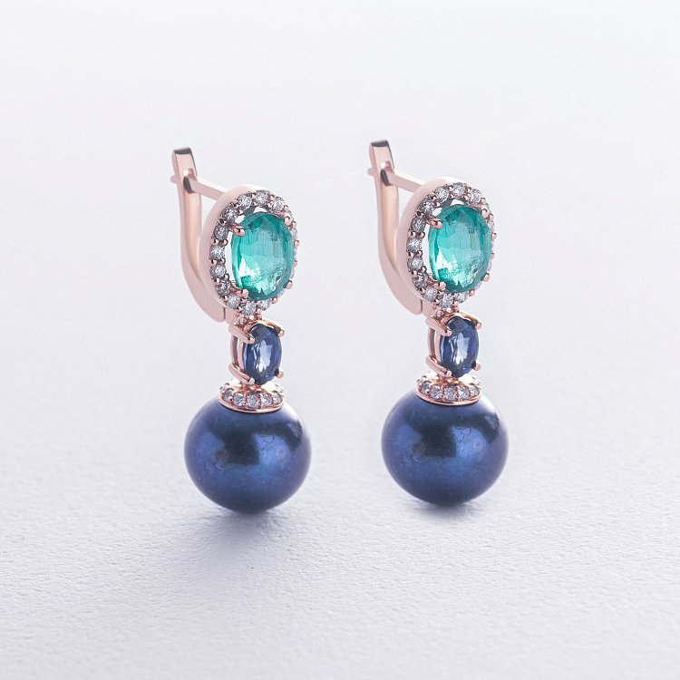 Золотые серьги (жемчуг, изумруд, бриллиант) сб0489di от ювелирного магазина Оникс