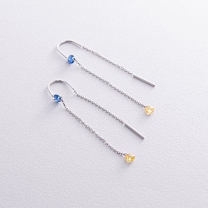 Золоті сережки - протяжки "Українка" (блакитні та жовті фіаніти) с08390 №2