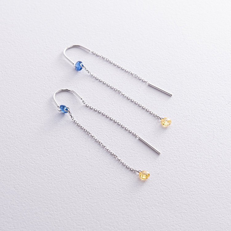 Золоті сережки - протяжки "Українка" (блакитні та жовті фіаніти) с08390 від ювелірного магазину Онікс - 1