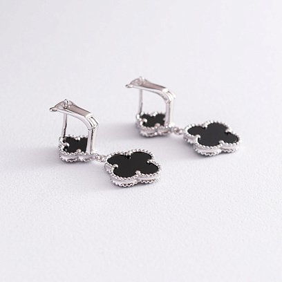 Срібні сережки "Конюшина" з оніксом 123033 №2