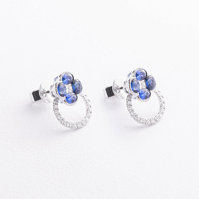 Серьги - пусеты "Клевер" в белом золоте (бриллианты, сапфиры) сб0720lg №2