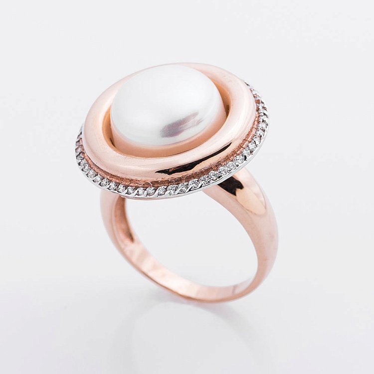 Золота каблучка (фіаніти, культ. прісн. перли) к01581 від ювелірного магазину Онікс