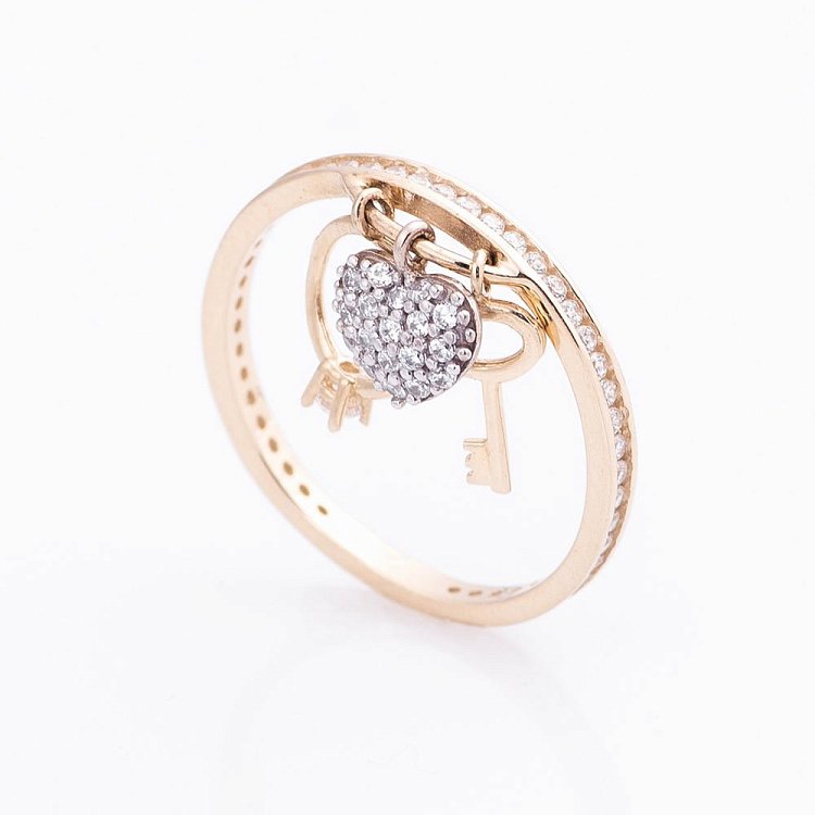 Золотое кольцо "Сердце и ключик" (фианиты) к05071 от ювелирного магазина Оникс