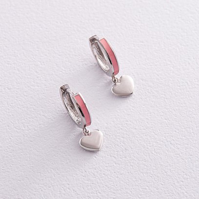 Детские золотые серьги "Сердечки" с розовой эмалью с08162 №2