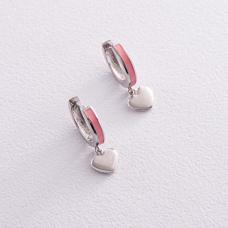 Детские золотые серьги "Сердечки" с розовой эмалью с08162 от ювелирного магазина Оникс - 1