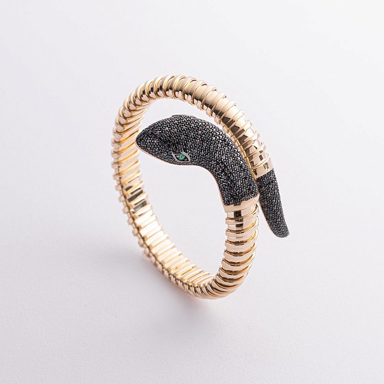Жесткий браслет "Змея" в желтом золоте (фианиты) б05722