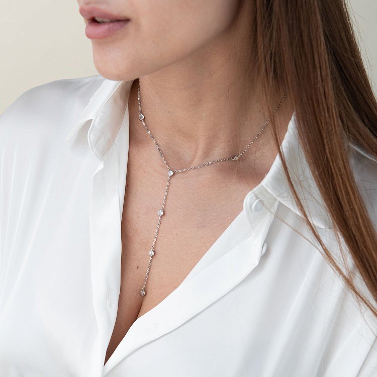 Срібне кольє - краватка з фіанітами 181140 від ювелірного магазину Онікс - 2