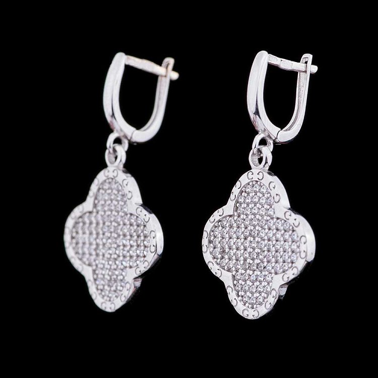 Золотые серьги "Клевер" с фианитами с04301 от ювелирного магазина Оникс - 1