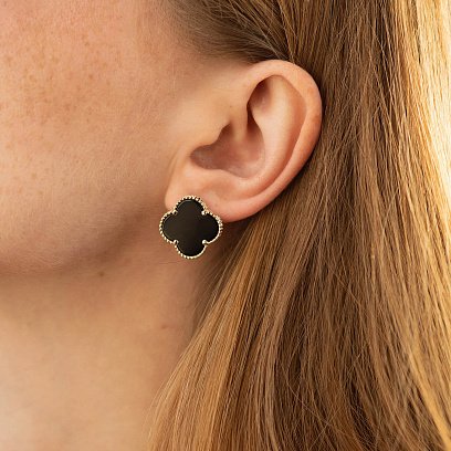 Золотые серьги "Клевер" с ониксом с08105