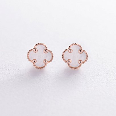 Cерьги - пусеты "Клевер" с перламутром mini (красное золото) с08403 №5