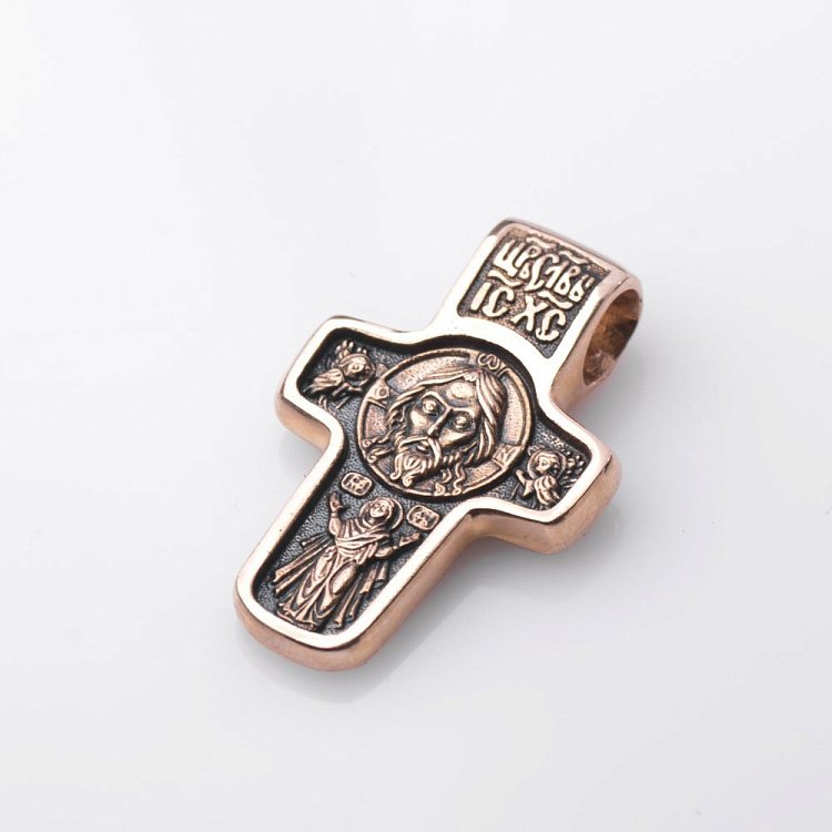 Золотий православний хрест "Спас Нерукотворний. Святитель Миколай Чудотворець" п00619 від ювелірного магазину Онікс