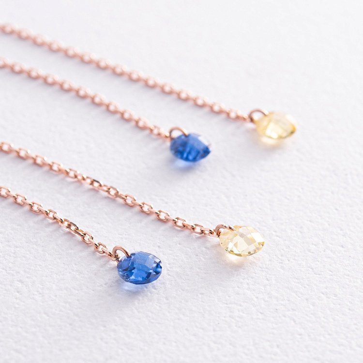 Висячие золотые серьги "Украинка" (голубые и желтые фианиты) с08384 от ювелирного магазина Оникс - 4