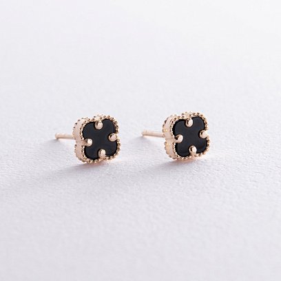 Сережки - пусети "Конюшина" з оніксом mini (жовте золото) с08405