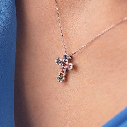 Золотое колье с крестиком (разноцветные сапфиры и бриллианты) колб0100mi №8