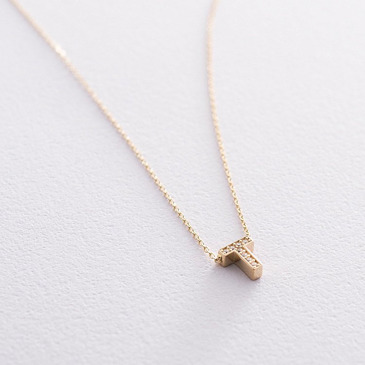 Кольє з буквою "Т" в жовтому золоті (фіаніти) кол01165Т від ювелірного магазину Онікс