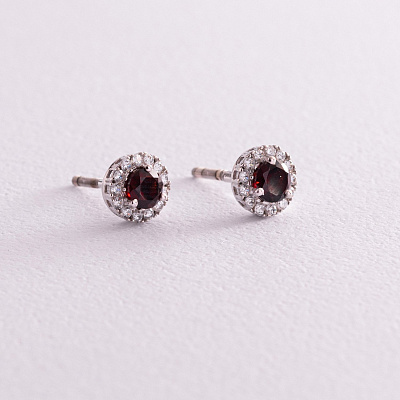 Серебряные серьги - пусеты с пиропами и фианитами 2112/9р-GAR