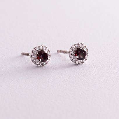 Серебряные серьги - пусеты с пиропами и фианитами 2112/9р-GAR