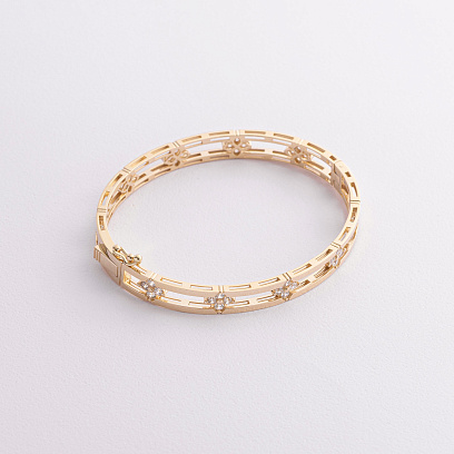 Жесткий браслет "Клевер" в желтом золоте (фианиты) б05745 №2