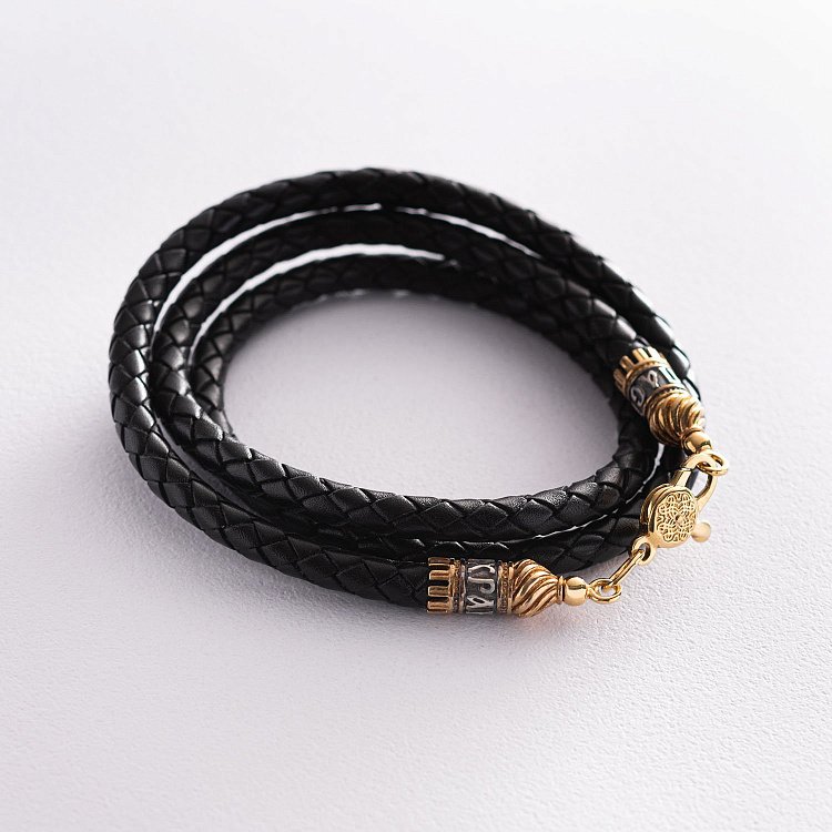 Кожаный шнурок "Спаси и сохрани" с серебряной позолоченной застежкой (5мм) 18316 от ювелирного магазина Оникс