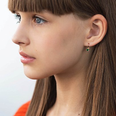 Детские золотые серьги "Цветочки" (зеленые фианиты) с08064з №2