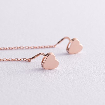 Золотые серьги - протяжки "Сердечки" с фианитами с08257 №3