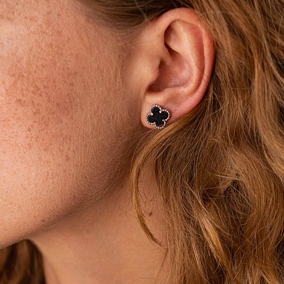 Серебряные серьги - пусеты "Клевер" с ониксом 121725 №4