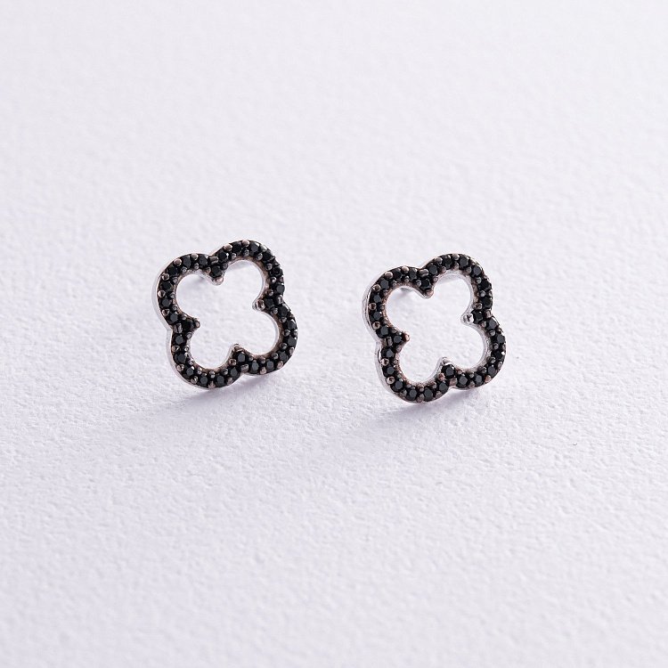 Серебряные серьги - пусеты "Клевер" с черными фианитами 008220ч от ювелирного магазина Оникс - 4