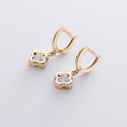 Золотые серьги "Клевер" с фианитом с04926 №3