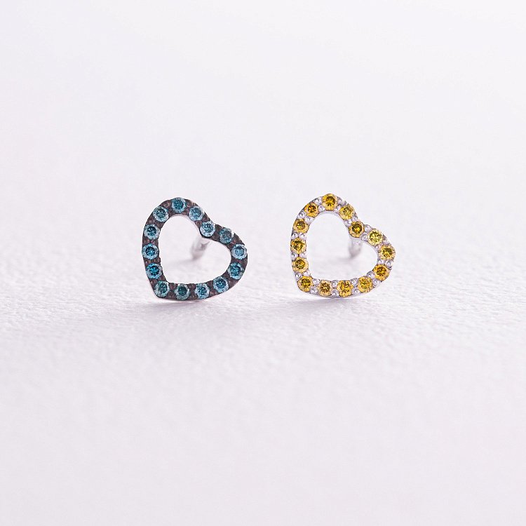 Золотые серьги - пусеты "Сердечки" с голубыми и желтыми бриллиантами 327111121 Золотые серьги - пусеты "Сердечки" с голубыми и желтыми бриллиантами 327111121 от ювелирного магазина Оникс