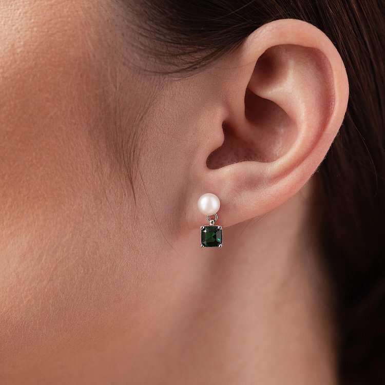 Золоті сережки - пусети "Альма" (зелені фіаніти, перли) с08248 від ювелірного магазину Онікс - 3