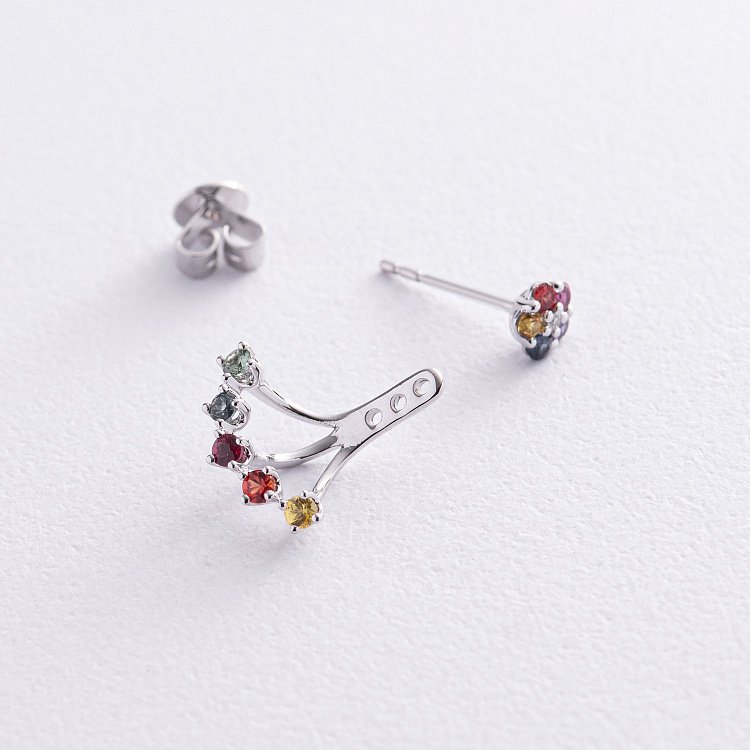 Золотые серьги - джекеты 2 в 1 (разноцветные сапфиры, бриллианты) сб0453nl от ювелирного магазина Оникс - 3