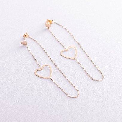 Золотые серьги - пусеты на цепочке "Сердечки" с05955 №2