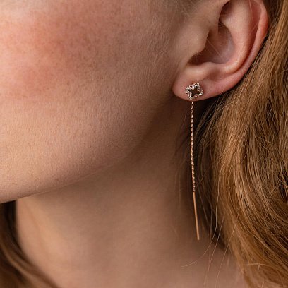 Золотые серьги - протяжки "Клевер" с фианитами с07951