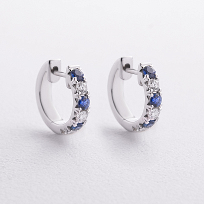 Серьги - кольца в белом золоте (бриллианты, сапфиры) сб0732ri