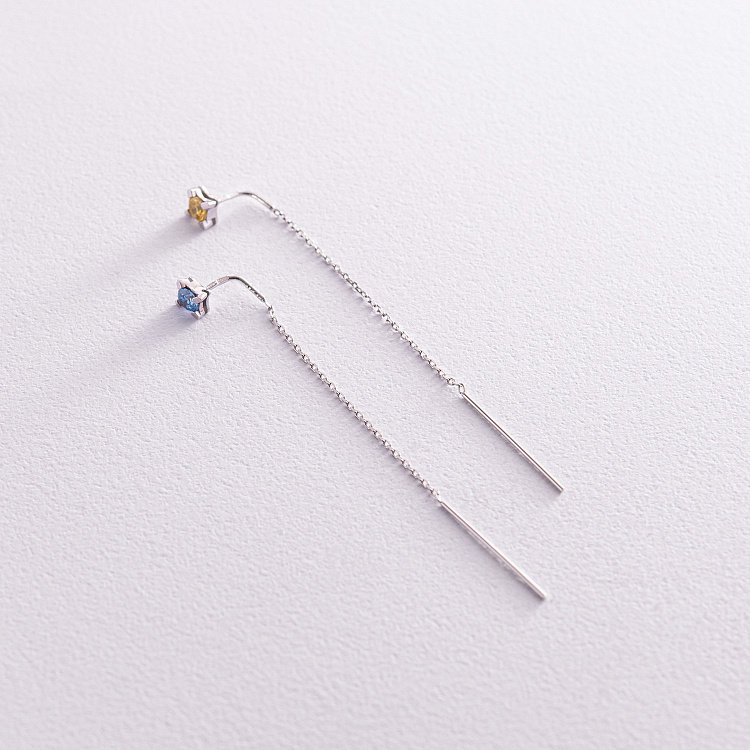 Сережки - протяжки у білому золоті (блакитні та жовті фіаніти) с08122 від ювелірного магазину Онікс