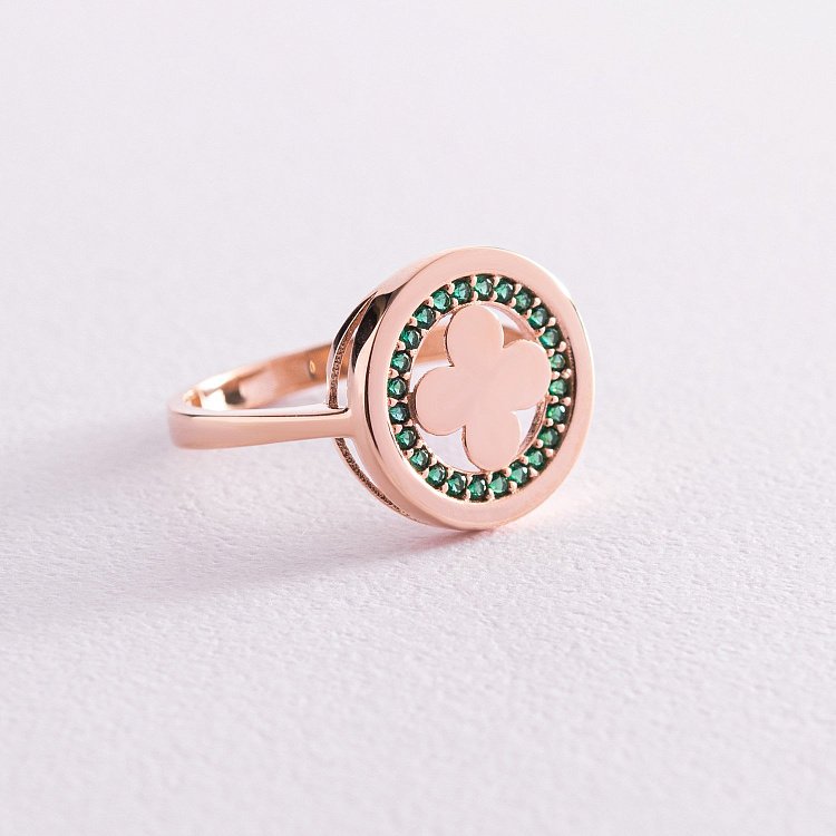 Каблучка "Конюшина" в червоному золоті (зелені фіаніти) к06945 від ювелірного магазину Онікс