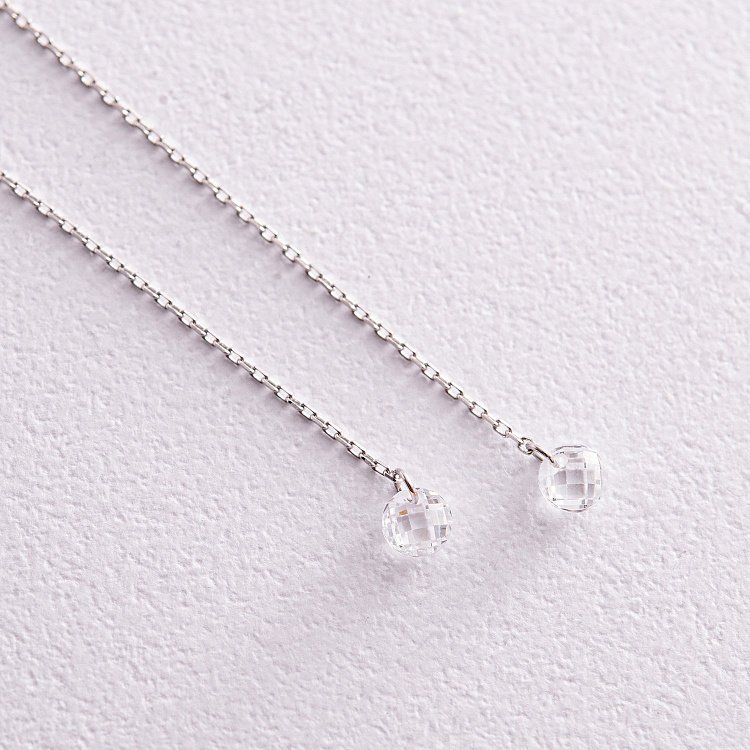 Сережки - пусети "Фіаніт на ланцюжку" у білому золоті с08042 від ювелірного магазину Онікс - 3