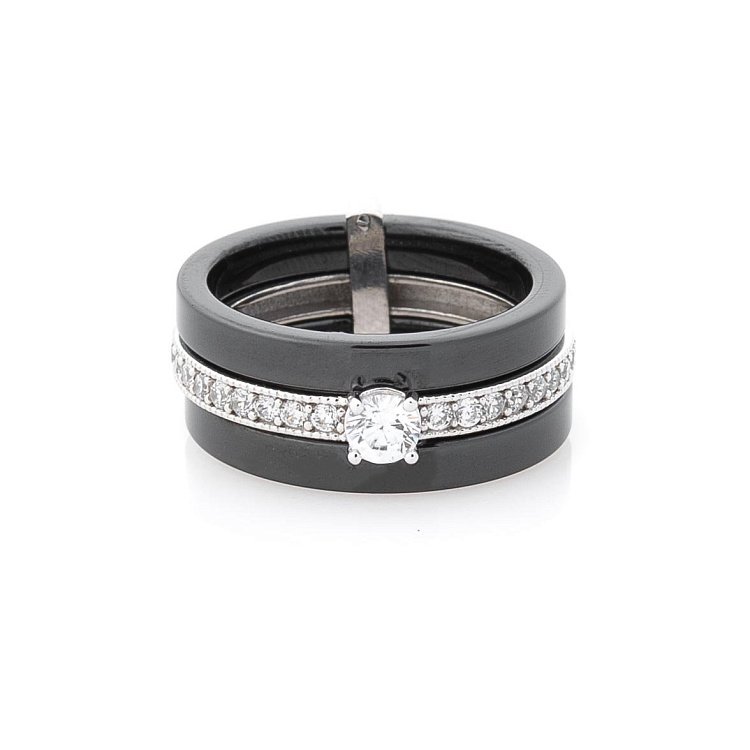 Керамическое кольцо с серебряной вставкой (фианиты) 59627 от ювелирного магазина Оникс - 1