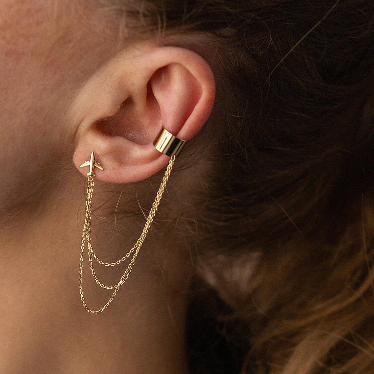 Сережка - каффа "Літак" у жовтому золоті з ланцюжками с08385 від ювелірного магазину Онікс - 5